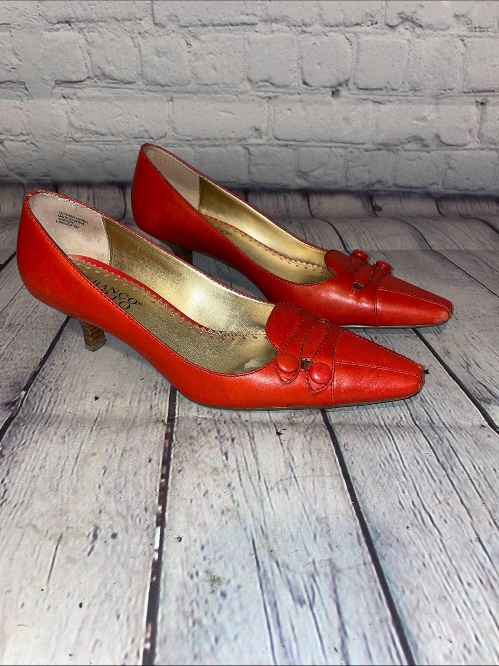 Franco Sarto Orange Pointed Toe Low Kitten Heels with Strap Buttons